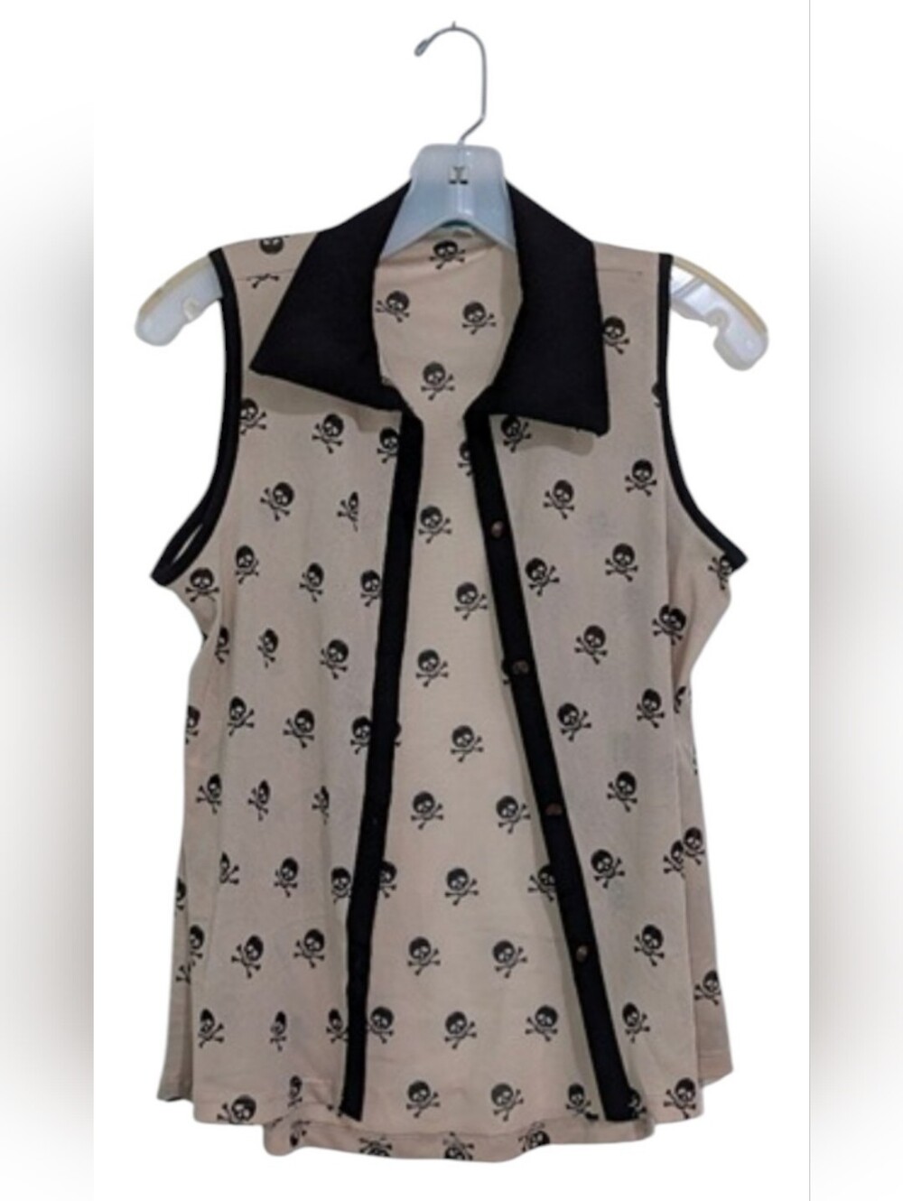 Julie's Closet Women's Medium Tan Black Sleeveless Button Down Skull Tank Blouse